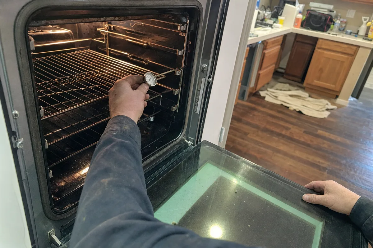 A dial thermometer held on the centre rack of an oven cavity to read the temperature the cavity is actually holding