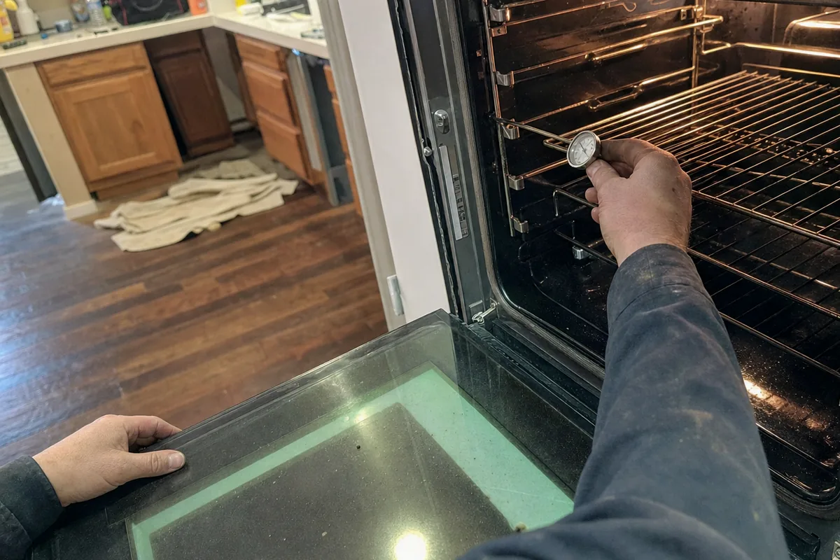 A dial thermometer sitting on the centre rack at the end of a visit, oven door down and the cavity still warm