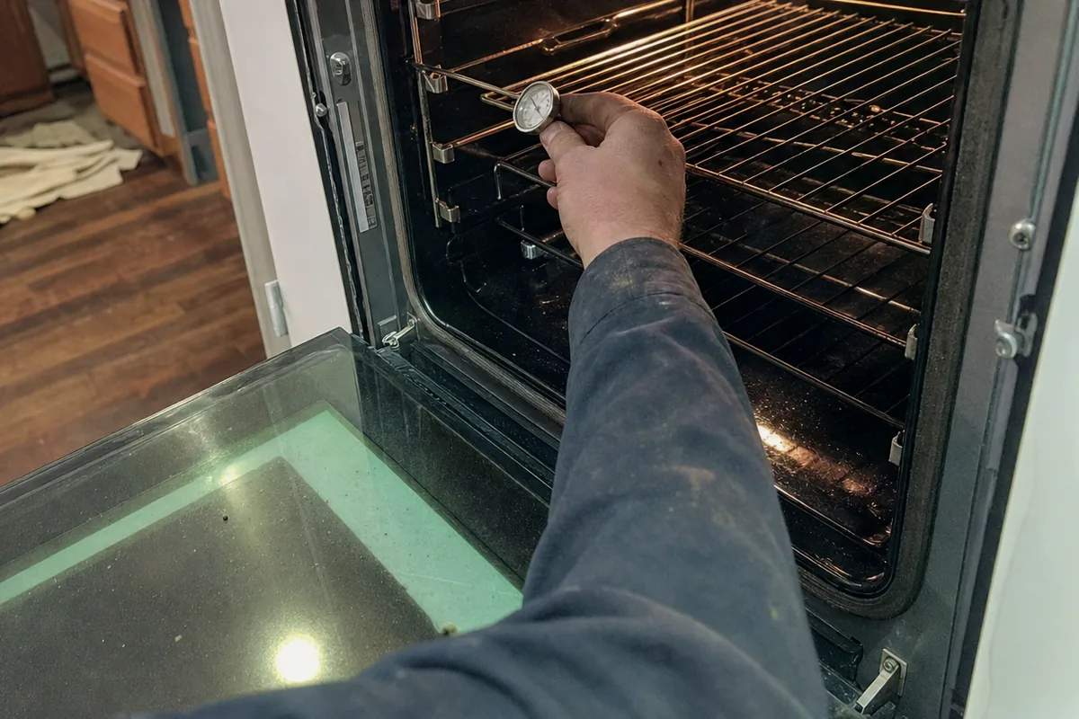 The temperature check that follows a repair, taken on the centre rack with the door held open