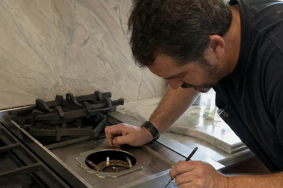 A technician leaning over a stainless range in a Jacksonville kitchen, working one burner well with the cast grates lifted off