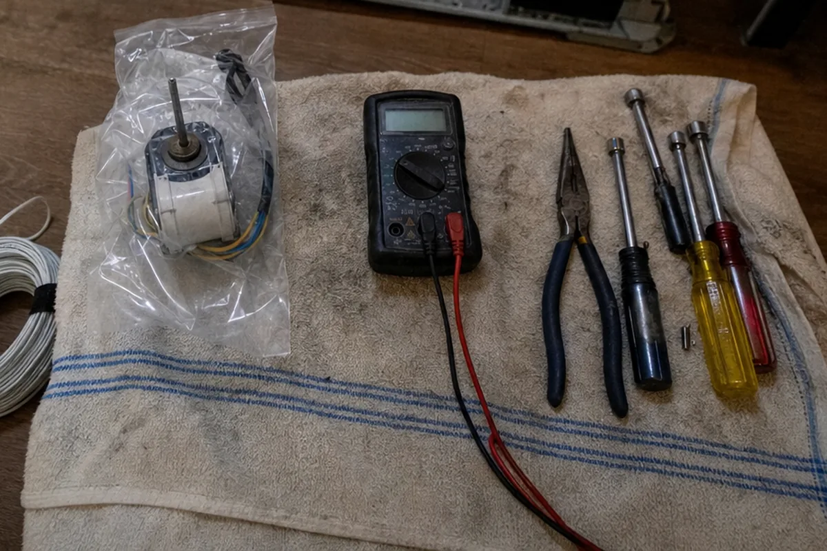 The kit that comes through the door on a service call: meter, screwdrivers, pliers and a spare part on a drop cloth