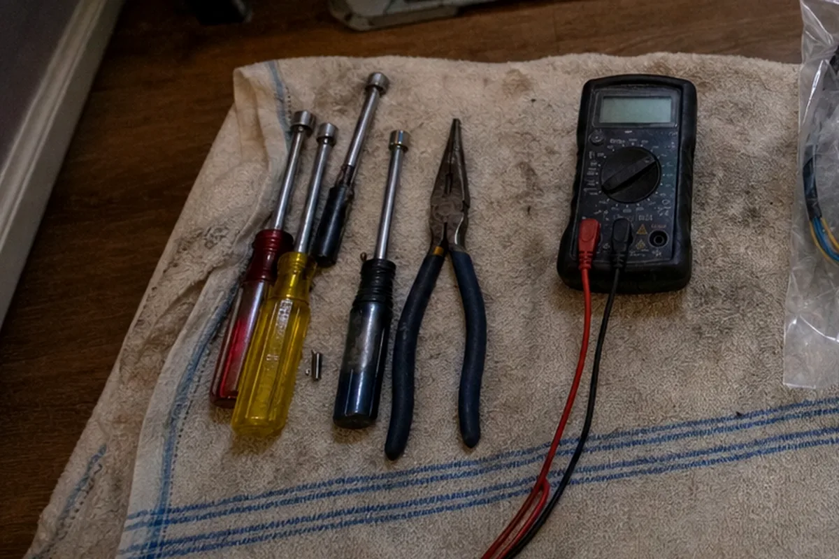 A multimeter and hand tools squared away on a drop cloth before any part is quoted