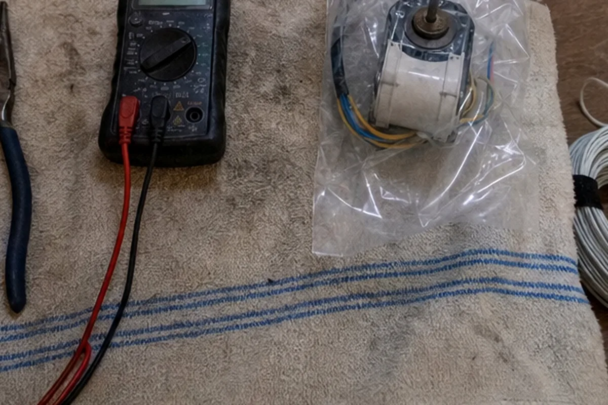 A bagged round replacement motor and a meter set out on a floor cloth beside a coil of wire