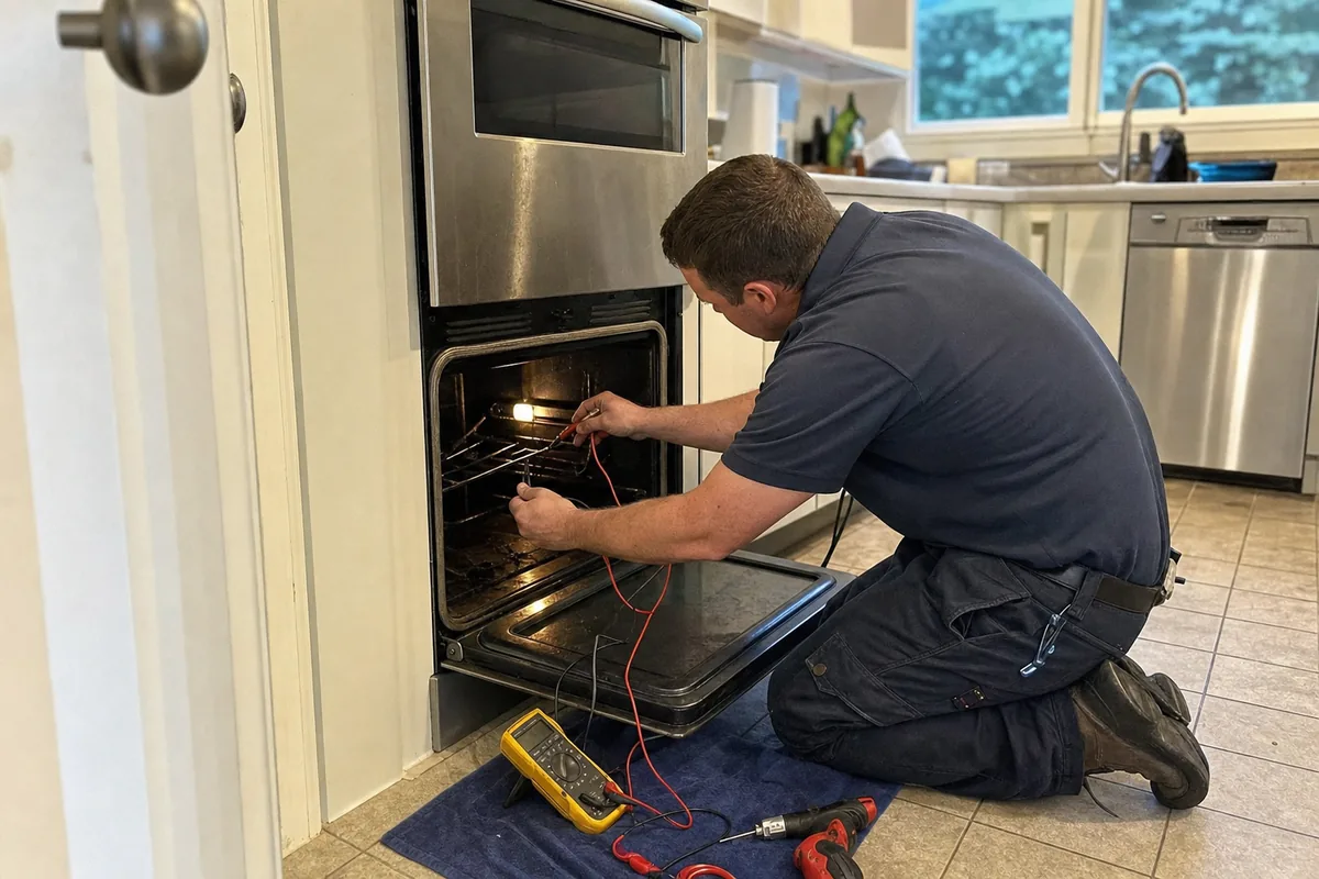 A technician kneeling at an open built-in wall oven with meter leads run into the cavity to the element terminals