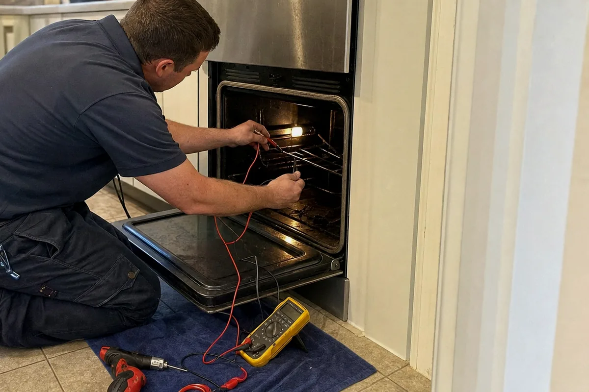 Test leads clipped to the wiring inside a wall oven, reading what the board is sending down to the element