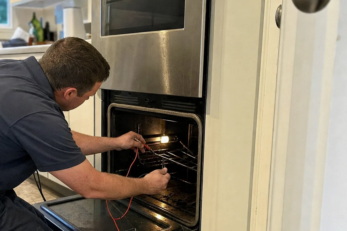 A technician kneeling at a built-in oven with his tools spread across the drop cloth in front of the open door